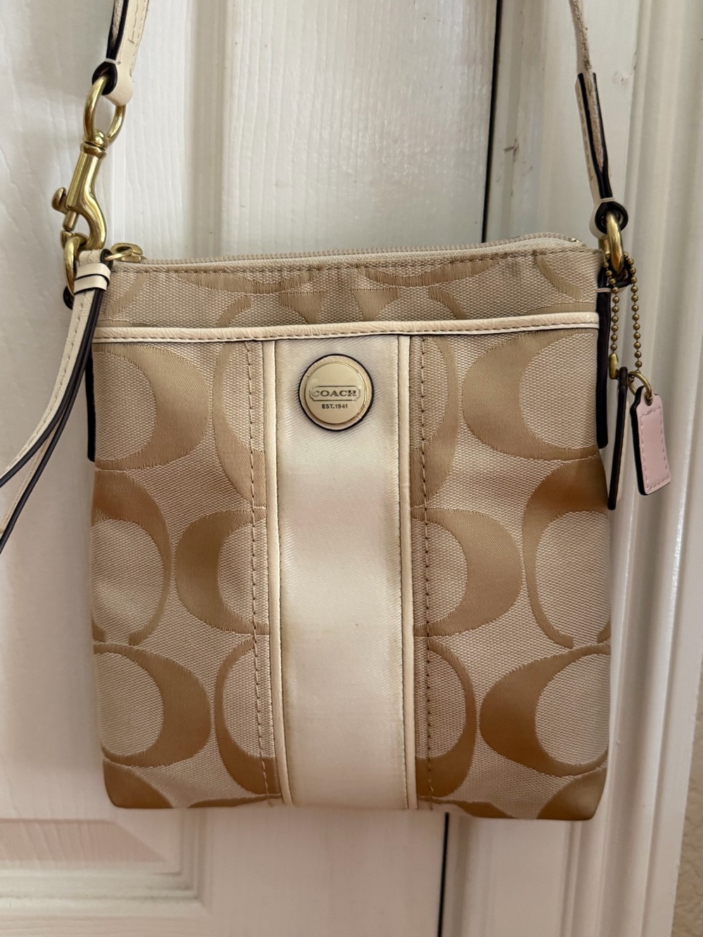Coach Beige and Chalk Signature Stripe Crossbody